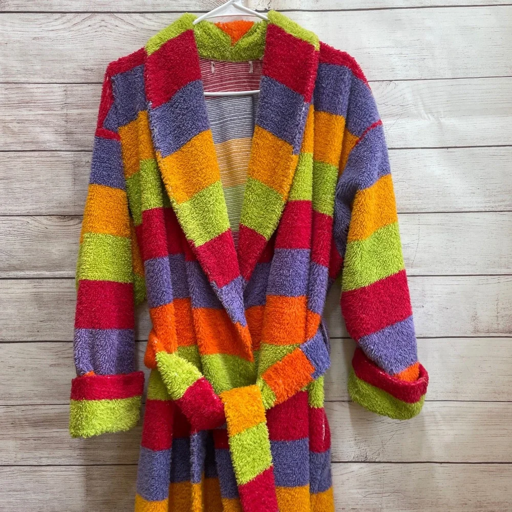 VINTAGE THICK TERYCLOTH LONG ROBE IN MULTICOLORED STRIPES‎